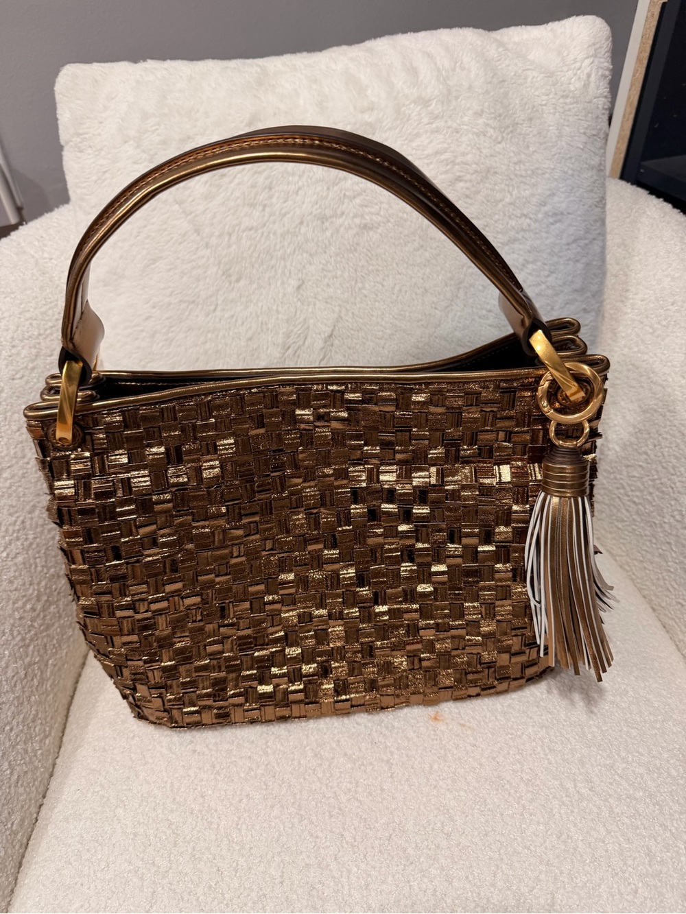 Donna Karan GOLD Woven Metallic Tassel Accent Shoulder Bag Gold Hardware Women